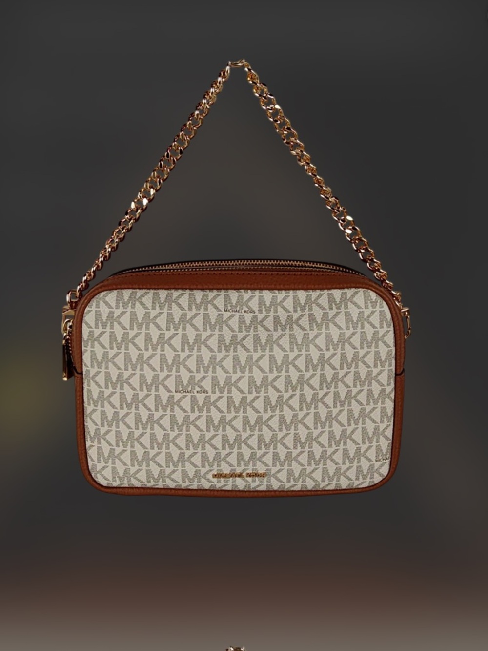 Michael Kors Beige Logo Crossbody with Brown Trim and Gold Chain